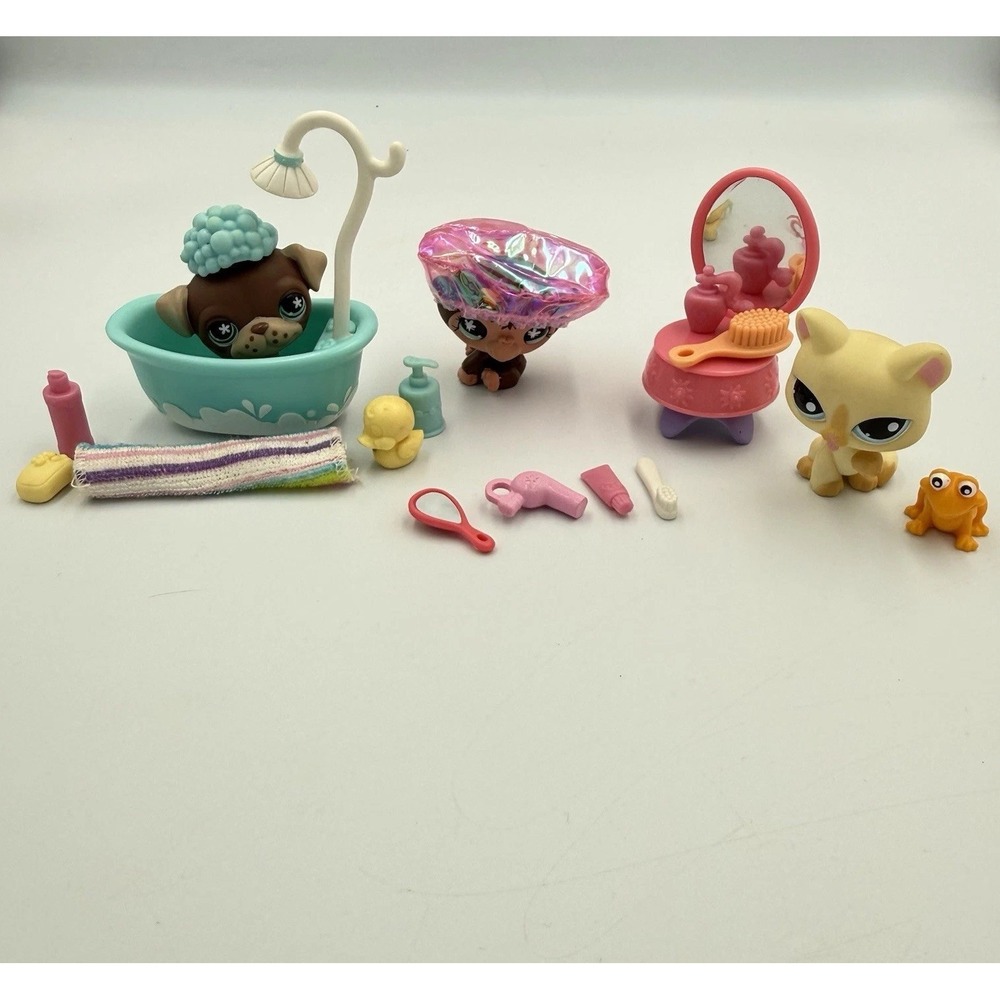 Littlest Pet Shop Squeaky Clean Pets 663 Monkey 981 Cat 889 Dog Set LPS Hasbro